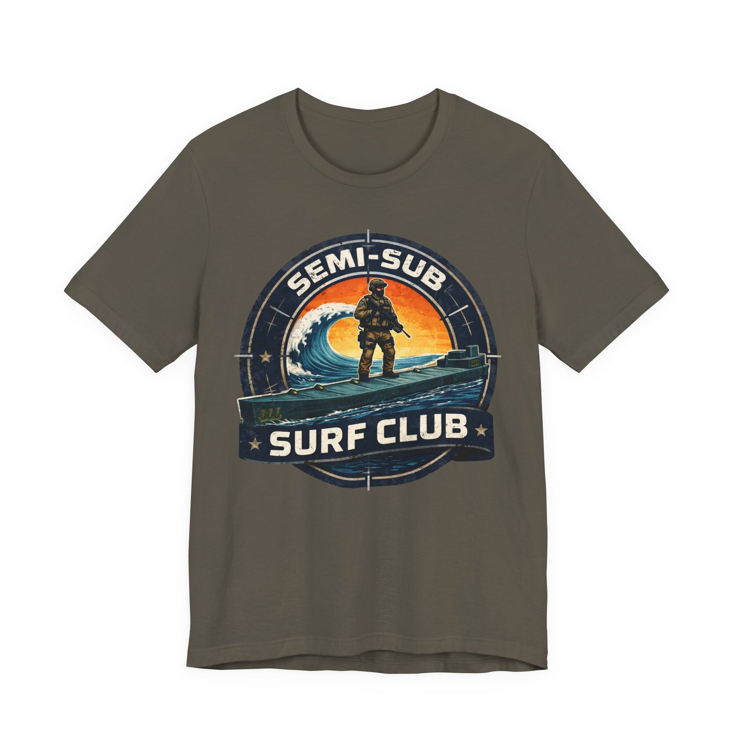Semi-Sub Surf Club T-Shirt — Retro Tactical Operator Logo Surf Graphic Tee | Semi-Sub Surf Club Logo Back