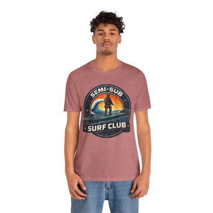 Semi-Sub Surf Club T-Shirt — Retro Tactical Operator Logo Surf Graphic Tee | Semi-Sub Surf Club Logo Back