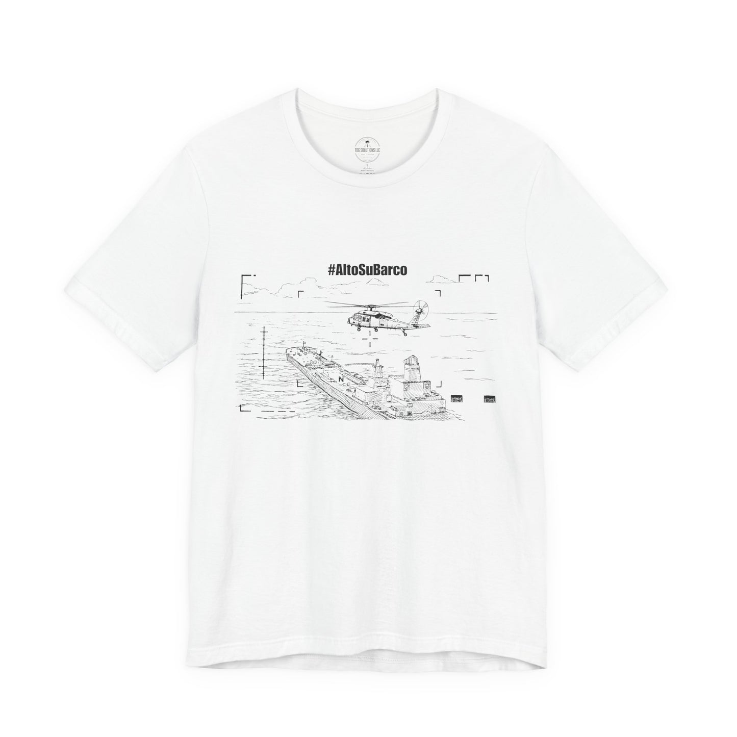 #AltoSuBarco Maritime Interdiction T-Shirt — Ship & Helicopter Line Art Front Graphic