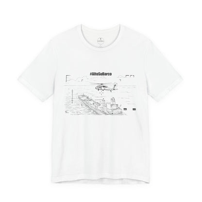 #AltoSuBarco Maritime Interdiction T-Shirt — Ship & Helicopter Line Art Front Graphic