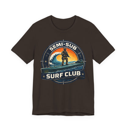 Semi-Sub Surf Club T-Shirt — Retro Tactical Operator Logo Surf Graphic Tee | Semi-Sub Surf Club Logo Back