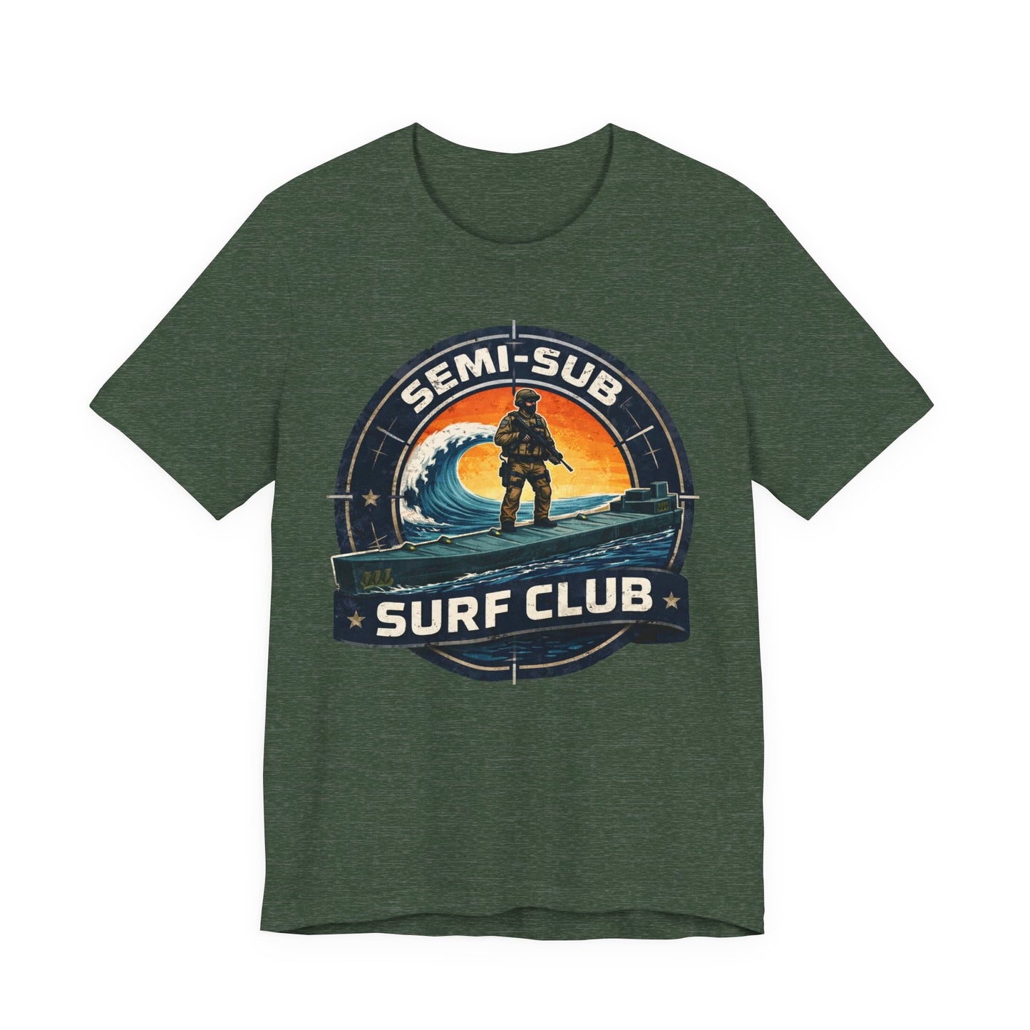 Semi-Sub Surf Club T-Shirt — Retro Tactical Operator Logo Surf Graphic Tee | Semi-Sub Surf Club Logo Back