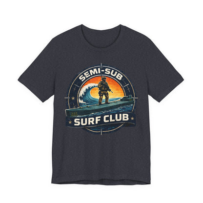 Semi-Sub Surf Club T-Shirt — Retro Tactical Operator Logo Surf Graphic Tee | Semi-Sub Surf Club Logo Back