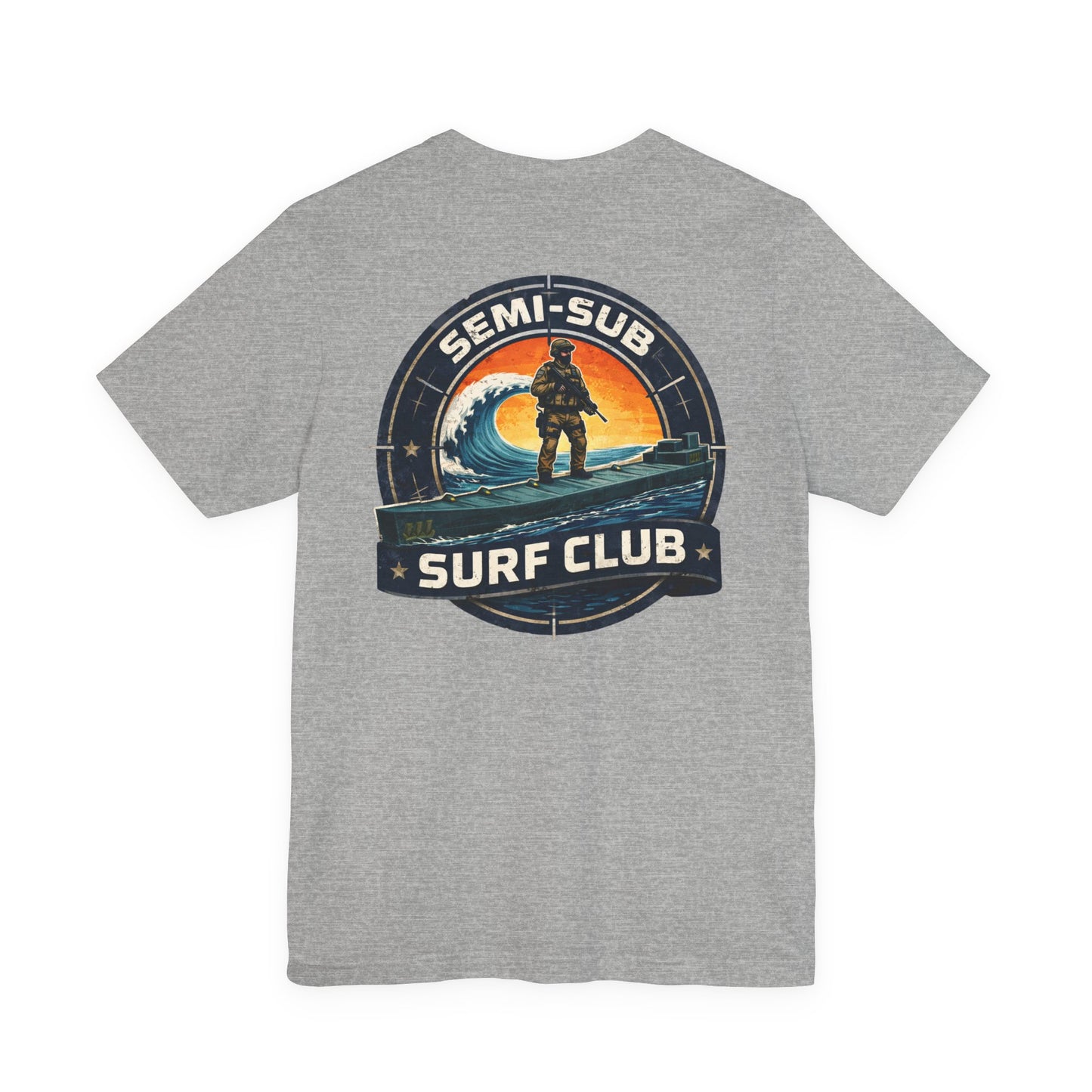 Semi-Sub Surf Club T-Shirt — Retro Tactical Operator Logo Surf Graphic Tee | TDG Solutions Log Front | Semi-Sub Surf Club Logo Back