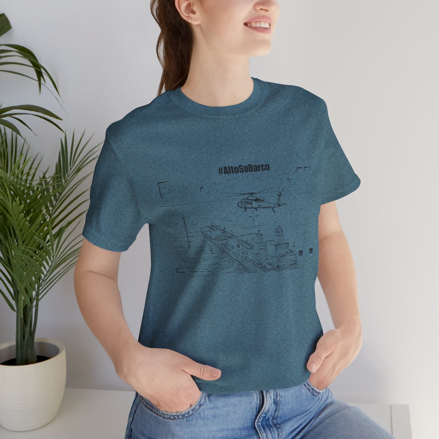 #AltoSuBarco Maritime Interdiction T-Shirt — Ship & Helicopter Line Art Front Graphic