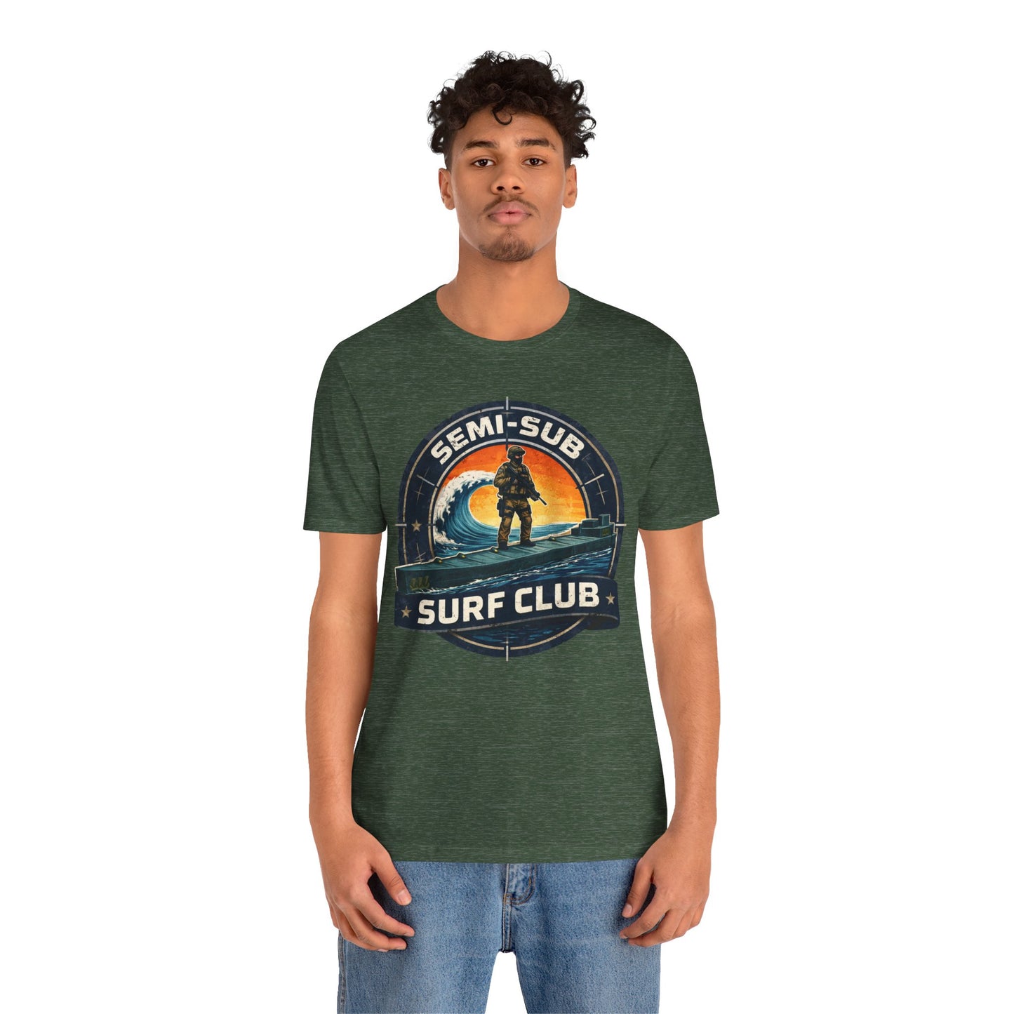 Semi-Sub Surf Club T-Shirt — Retro Tactical Operator Logo Surf Graphic Tee | Semi-Sub Surf Club Logo Back