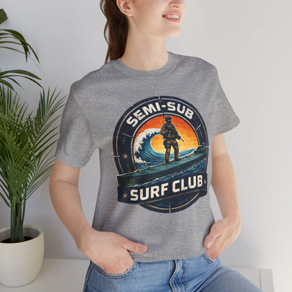 Semi-Sub Surf Club T-Shirt — Retro Tactical Operator Logo Surf Graphic Tee | Semi-Sub Surf Club Logo Back