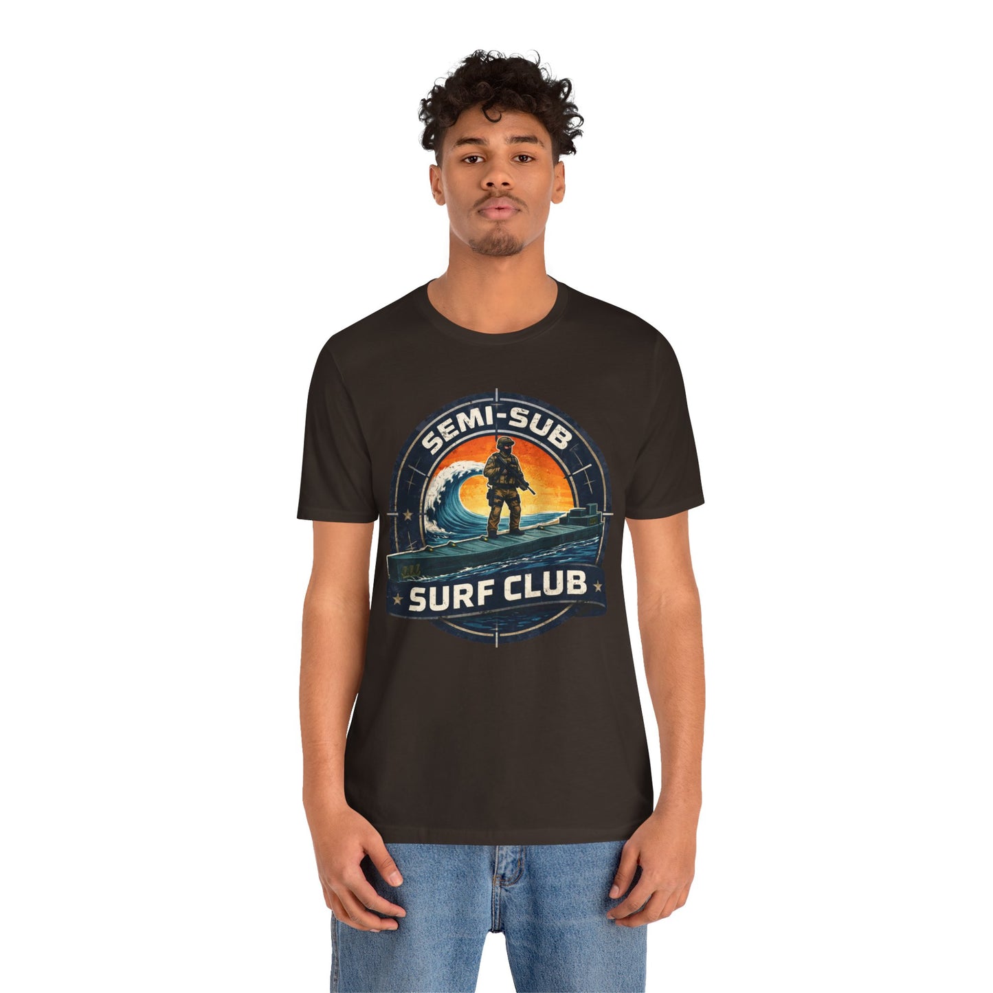 Semi-Sub Surf Club T-Shirt — Retro Tactical Operator Logo Surf Graphic Tee | Semi-Sub Surf Club Logo Back