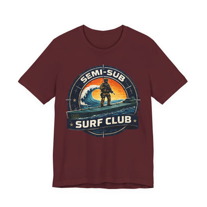 Semi-Sub Surf Club T-Shirt — Retro Tactical Operator Logo Surf Graphic Tee | Semi-Sub Surf Club Logo Back