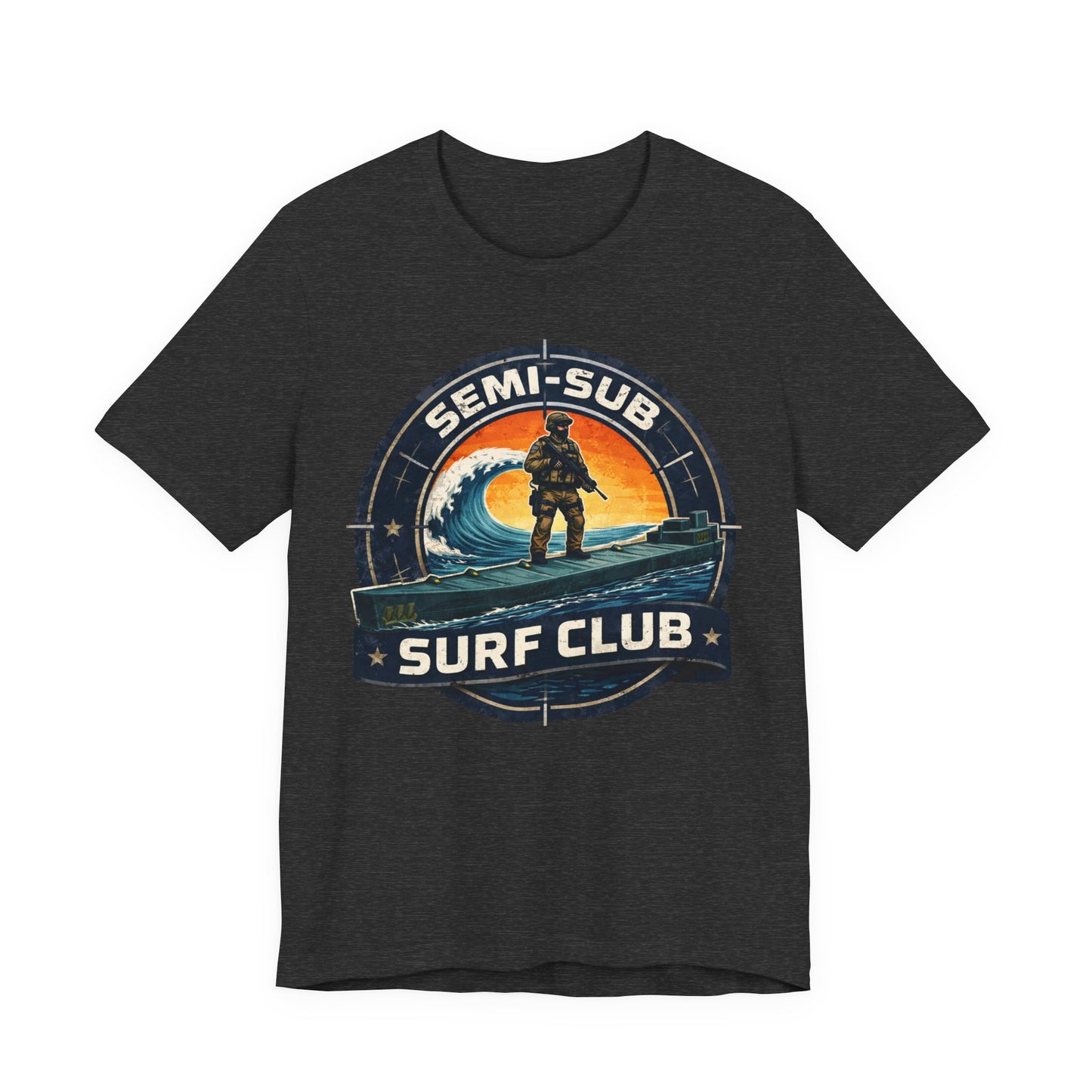Semi-Sub Surf Club T-Shirt — Retro Tactical Operator Logo Surf Graphic Tee | Semi-Sub Surf Club Logo Back