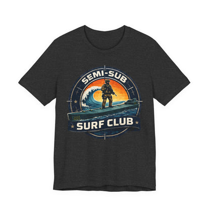 Semi-Sub Surf Club T-Shirt — Retro Tactical Operator Logo Surf Graphic Tee | Semi-Sub Surf Club Logo Back