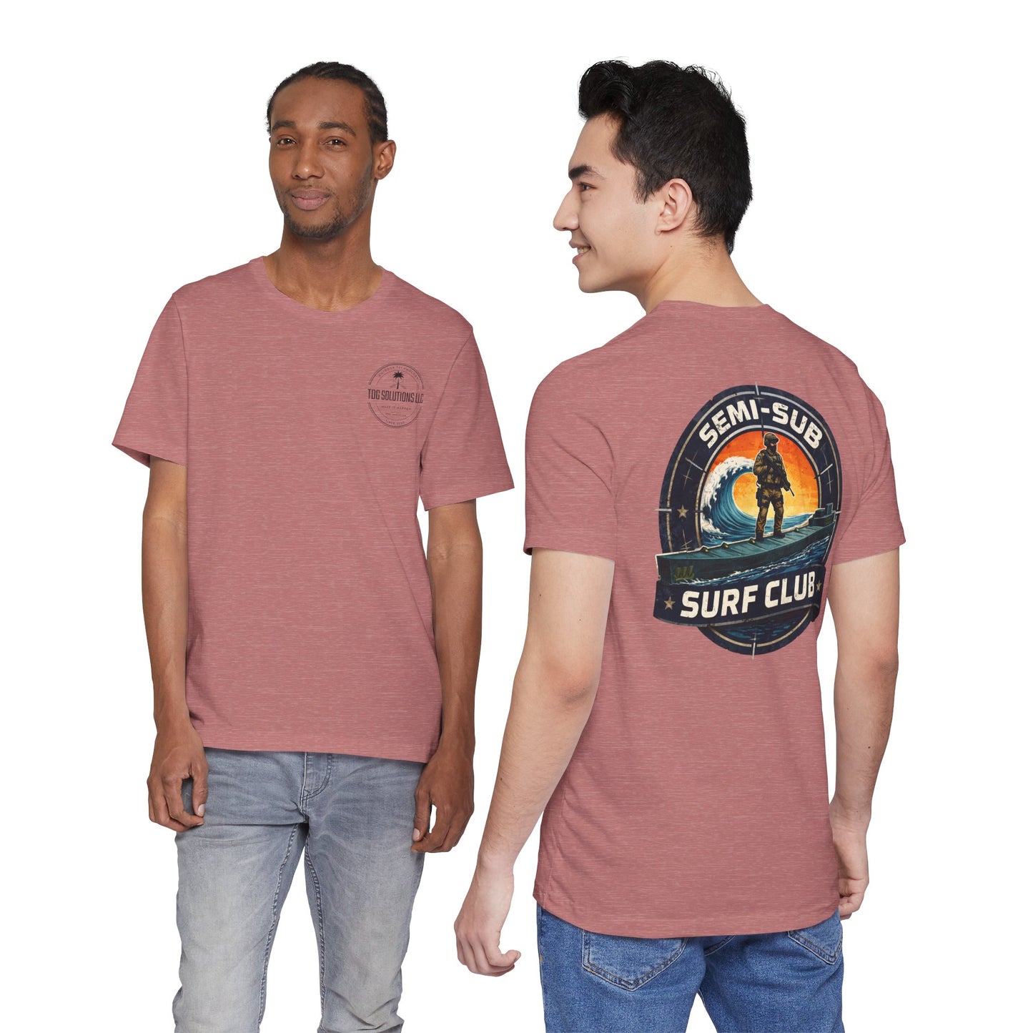 Semi-Sub Surf Club T-Shirt — Retro Tactical Operator Logo Surf Graphic Tee | TDG Solutions Log Front | Semi-Sub Surf Club Logo Back
