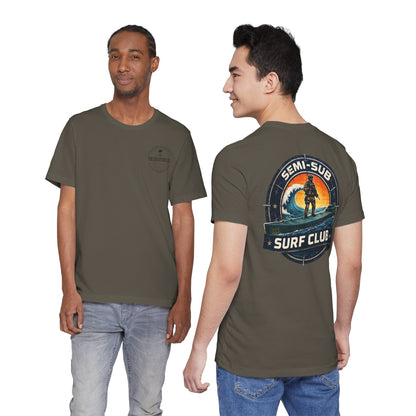 Semi-Sub Surf Club T-Shirt — Retro Tactical Operator Logo Surf Graphic Tee | TDG Solutions Log Front | Semi-Sub Surf Club Logo Back