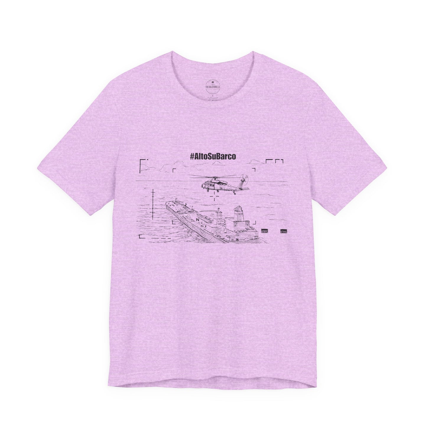 #AltoSuBarco Maritime Interdiction T-Shirt — Ship & Helicopter Line Art Front Graphic