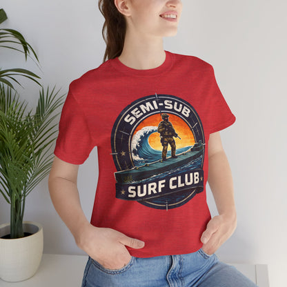 Semi-Sub Surf Club T-Shirt — Retro Tactical Operator Logo Surf Graphic Tee | Semi-Sub Surf Club Logo Back