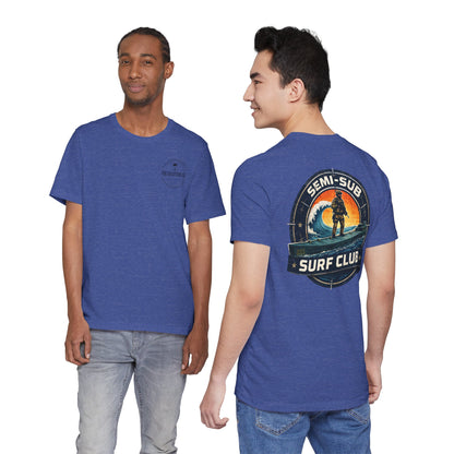 Semi-Sub Surf Club T-Shirt — Retro Tactical Operator Logo Surf Graphic Tee | TDG Solutions Log Front | Semi-Sub Surf Club Logo Back