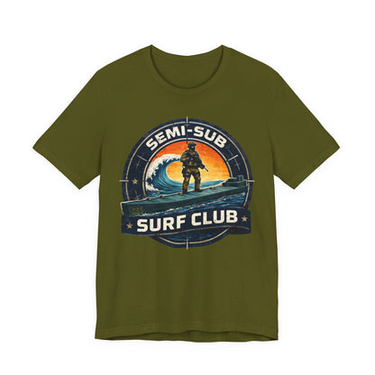 Semi-Sub Surf Club T-Shirt — Retro Tactical Operator Logo Surf Graphic Tee | Semi-Sub Surf Club Logo Back
