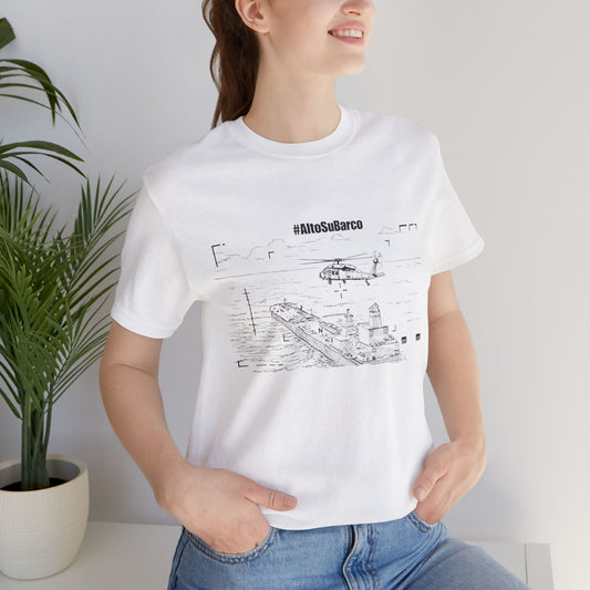 #AltoSuBarco Maritime Interdiction T-Shirt — Ship & Helicopter Line Art Front Graphic