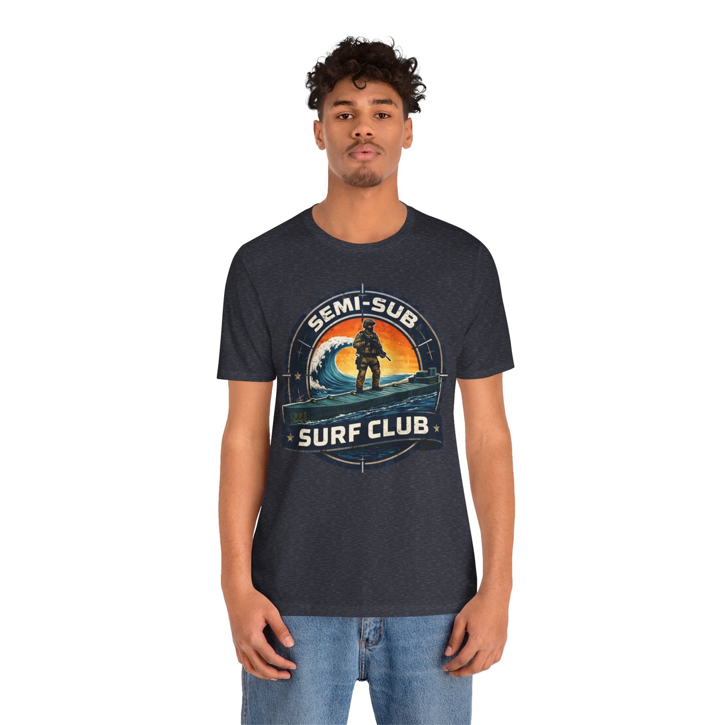 Semi-Sub Surf Club T-Shirt — Retro Tactical Operator Logo Surf Graphic Tee | Semi-Sub Surf Club Logo Back