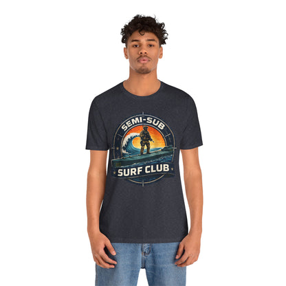 Semi-Sub Surf Club T-Shirt — Retro Tactical Operator Logo Surf Graphic Tee | Semi-Sub Surf Club Logo Back