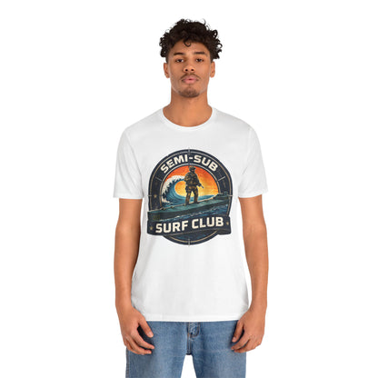 Semi-Sub Surf Club T-Shirt — Retro Tactical Operator Logo Surf Graphic Tee | Semi-Sub Surf Club Logo Back