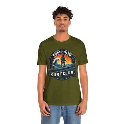 Semi-Sub Surf Club T-Shirt — Retro Tactical Operator Logo Surf Graphic Tee | Semi-Sub Surf Club Logo Back