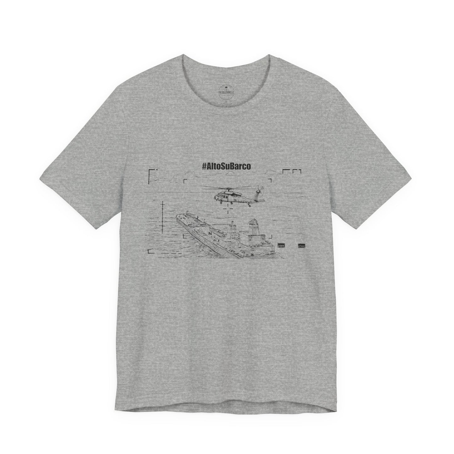 #AltoSuBarco Maritime Interdiction T-Shirt — Ship & Helicopter Line Art Front Graphic