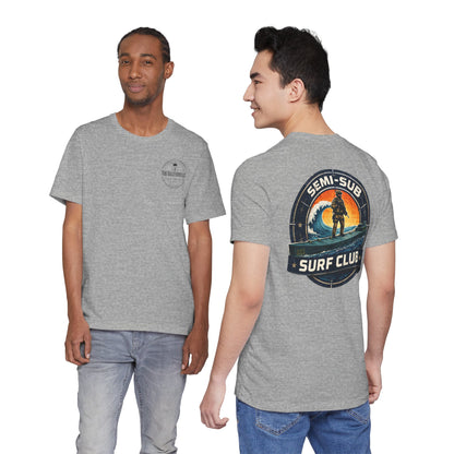 Semi-Sub Surf Club T-Shirt — Retro Tactical Operator Logo Surf Graphic Tee | TDG Solutions Log Front | Semi-Sub Surf Club Logo Back
