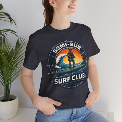 Semi-Sub Surf Club T-Shirt — Retro Tactical Operator Logo Surf Graphic Tee | Semi-Sub Surf Club Logo Back