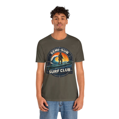 Semi-Sub Surf Club T-Shirt — Retro Tactical Operator Logo Surf Graphic Tee | Semi-Sub Surf Club Logo Back