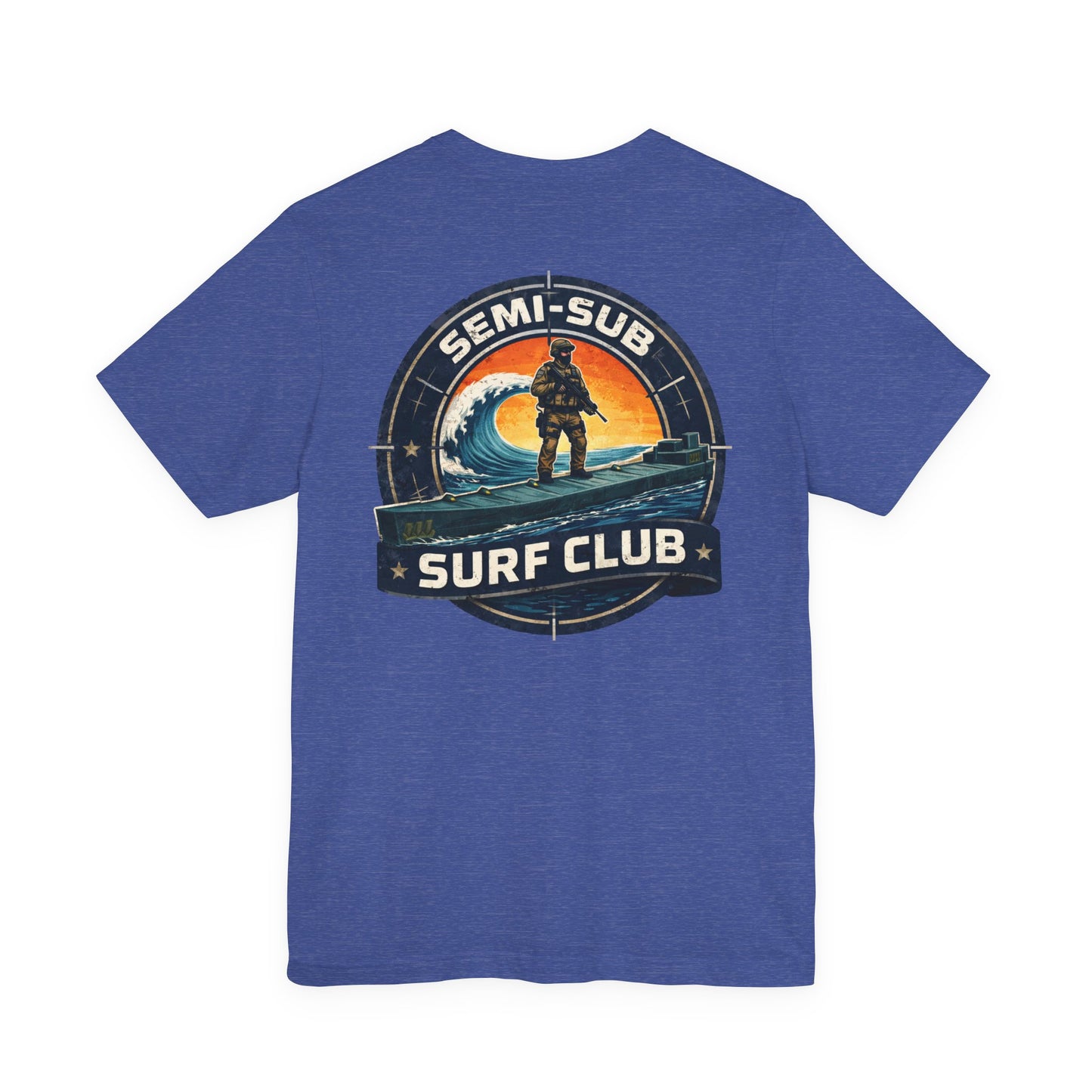 Semi-Sub Surf Club T-Shirt — Retro Tactical Operator Logo Surf Graphic Tee | TDG Solutions Log Front | Semi-Sub Surf Club Logo Back