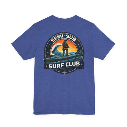 Semi-Sub Surf Club T-Shirt — Retro Tactical Operator Logo Surf Graphic Tee | TDG Solutions Log Front | Semi-Sub Surf Club Logo Back