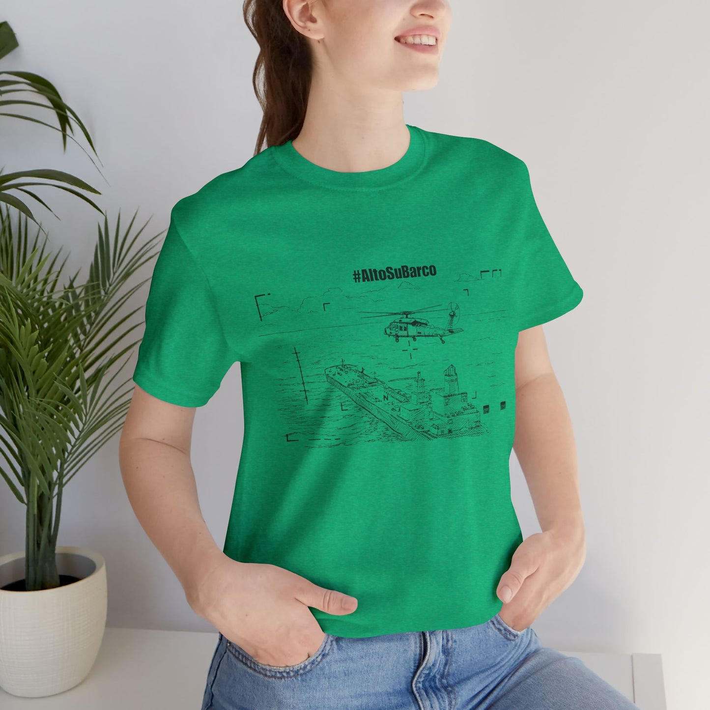 #AltoSuBarco Maritime Interdiction T-Shirt — Ship & Helicopter Line Art Front Graphic
