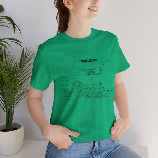 #AltoSuBarco Maritime Interdiction T-Shirt — Ship & Helicopter Line Art Front Graphic