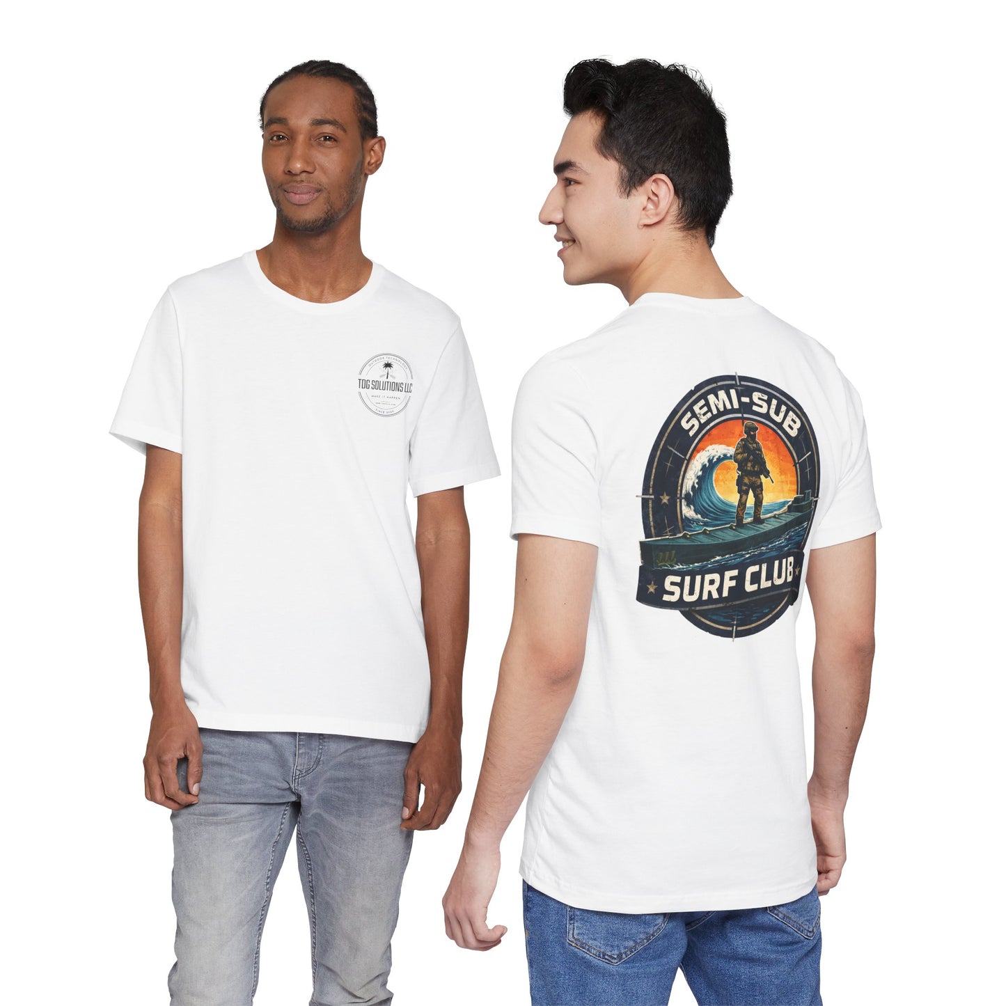 Semi-Sub Surf Club T-Shirt — Retro Tactical Operator Logo Surf Graphic Tee | TDG Solutions Log Front | Semi-Sub Surf Club Logo Back