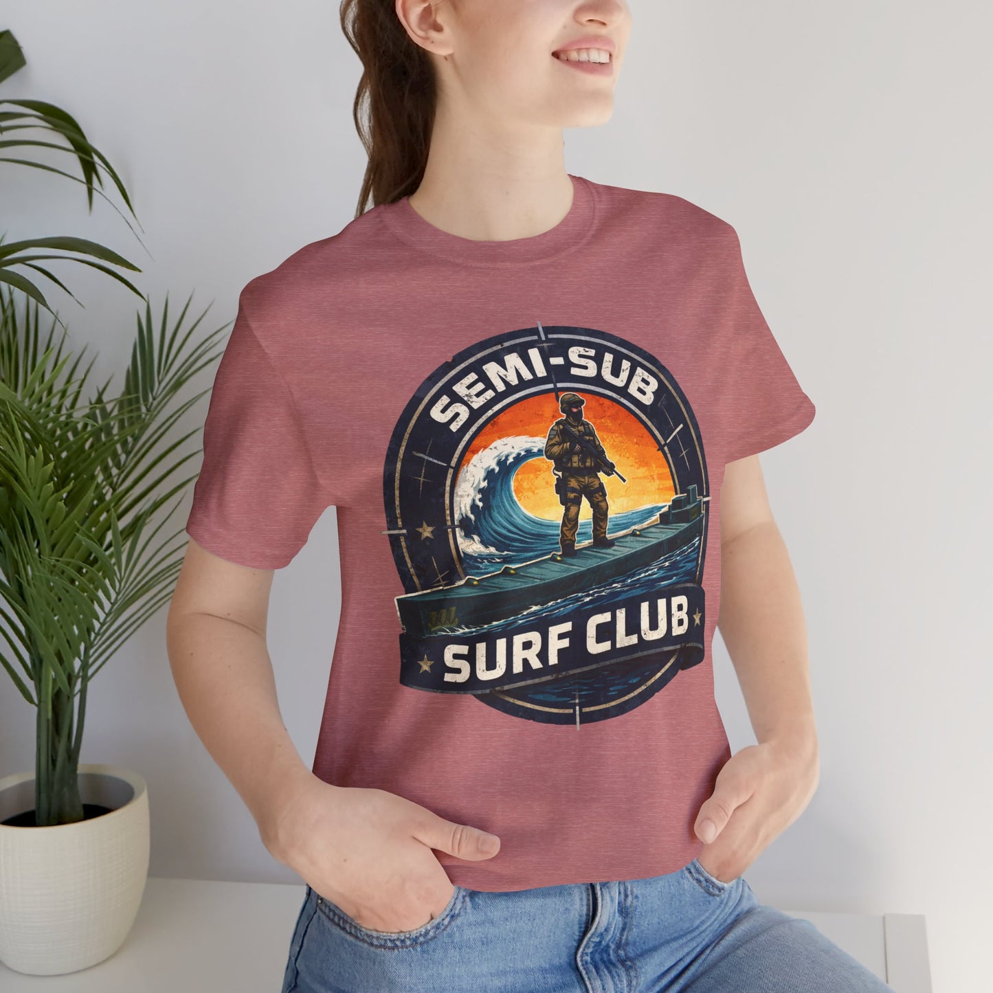 Semi-Sub Surf Club T-Shirt — Retro Tactical Operator Logo Surf Graphic Tee | Semi-Sub Surf Club Logo Back