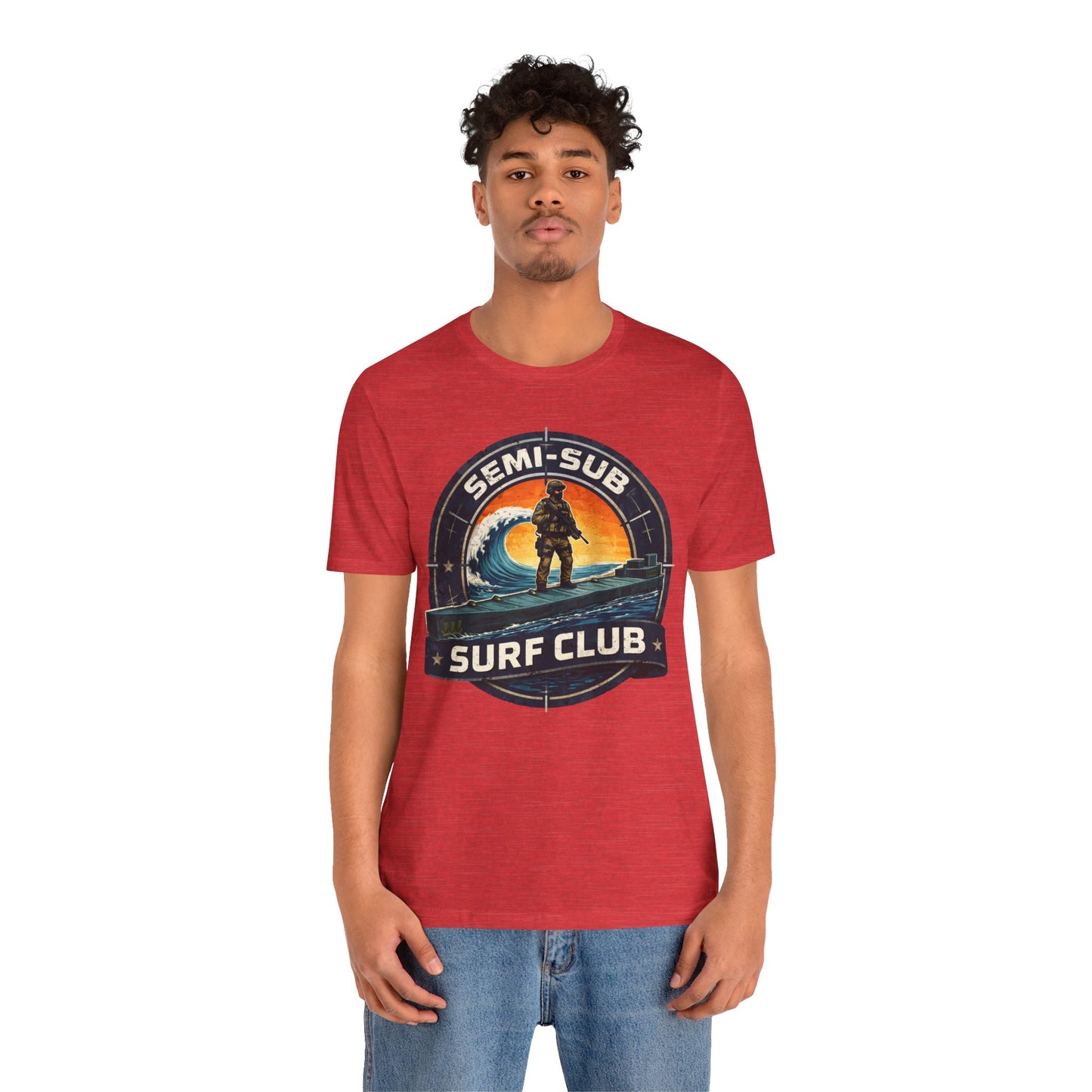 Semi-Sub Surf Club T-Shirt — Retro Tactical Operator Logo Surf Graphic Tee | Semi-Sub Surf Club Logo Back