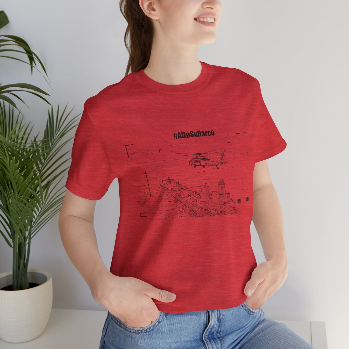 #AltoSuBarco Maritime Interdiction T-Shirt — Ship & Helicopter Line Art Front Graphic