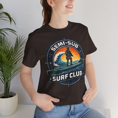 Semi-Sub Surf Club T-Shirt — Retro Tactical Operator Logo Surf Graphic Tee | Semi-Sub Surf Club Logo Back