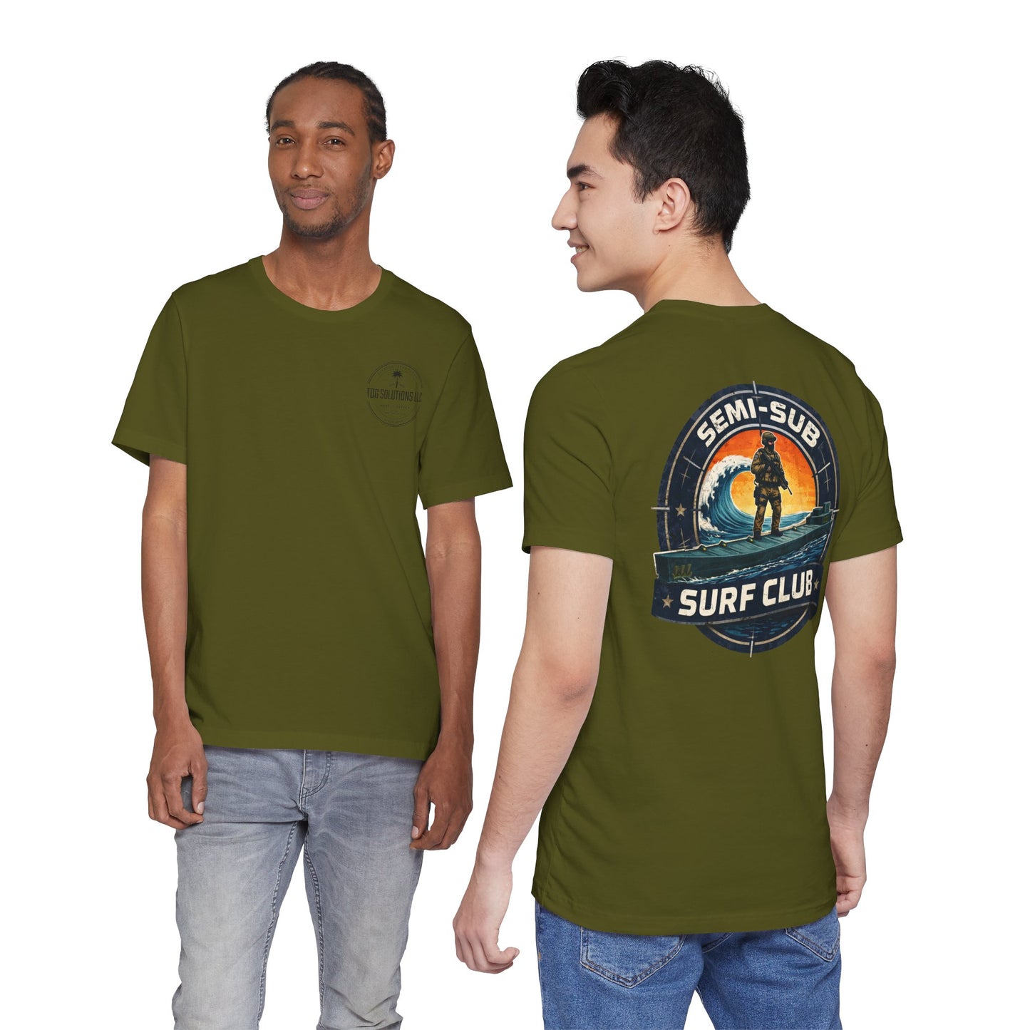 Semi-Sub Surf Club T-Shirt — Retro Tactical Operator Logo Surf Graphic Tee | TDG Solutions Log Front | Semi-Sub Surf Club Logo Back