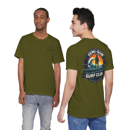 Semi-Sub Surf Club T-Shirt — Retro Tactical Operator Logo Surf Graphic Tee | TDG Solutions Log Front | Semi-Sub Surf Club Logo Back