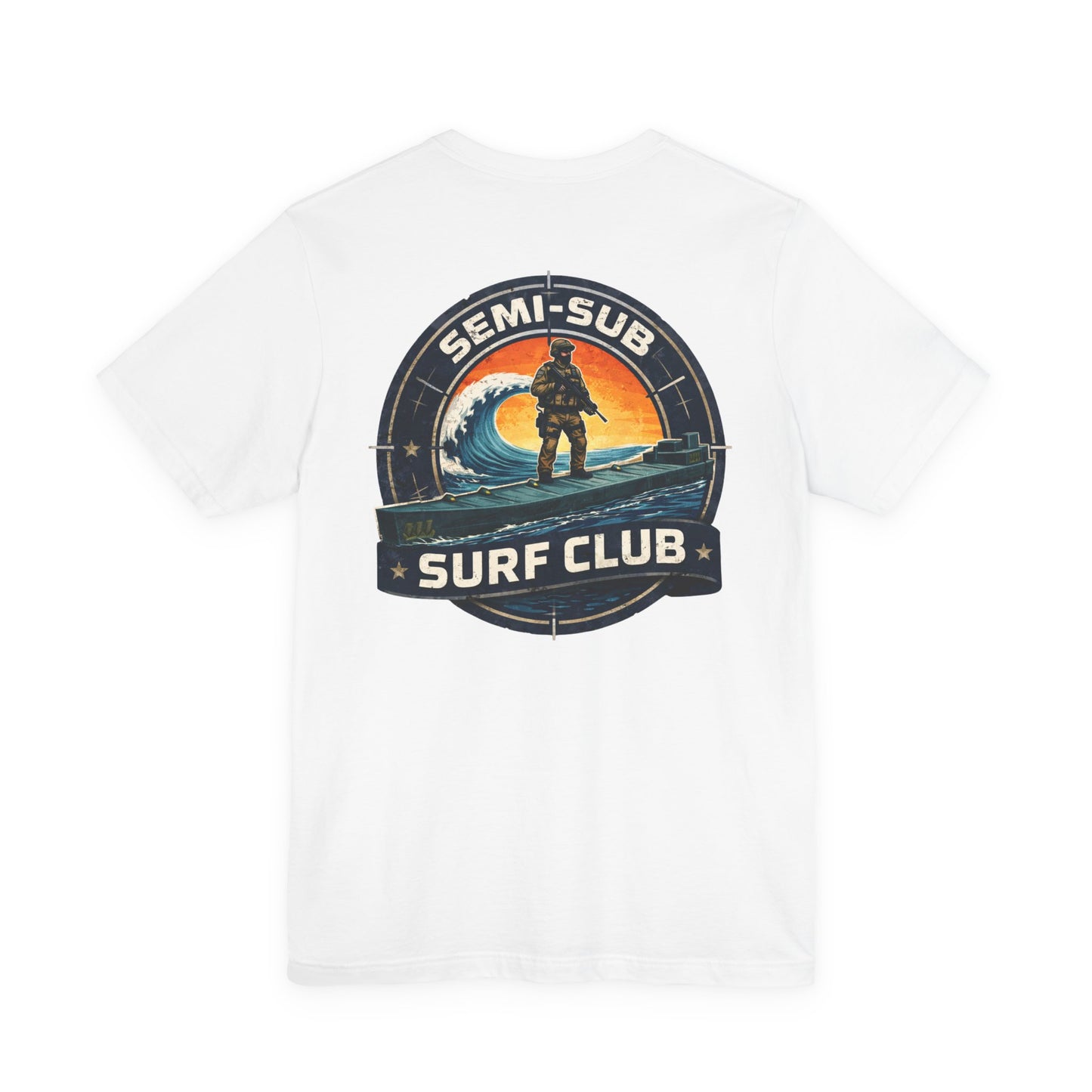 Semi-Sub Surf Club T-Shirt — Retro Tactical Operator Logo Surf Graphic Tee | TDG Solutions Log Front | Semi-Sub Surf Club Logo Back