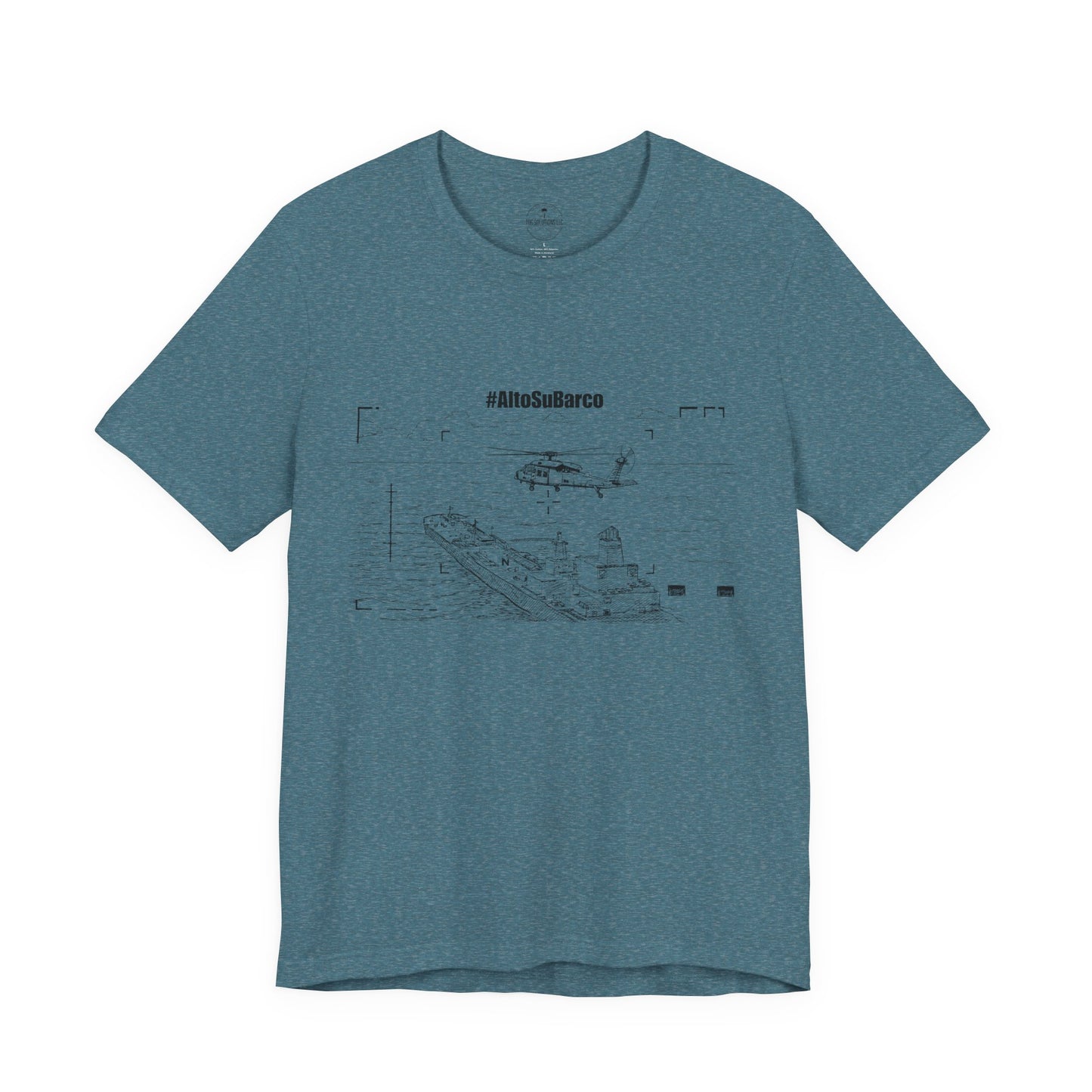 #AltoSuBarco Maritime Interdiction T-Shirt — Ship & Helicopter Line Art Front Graphic