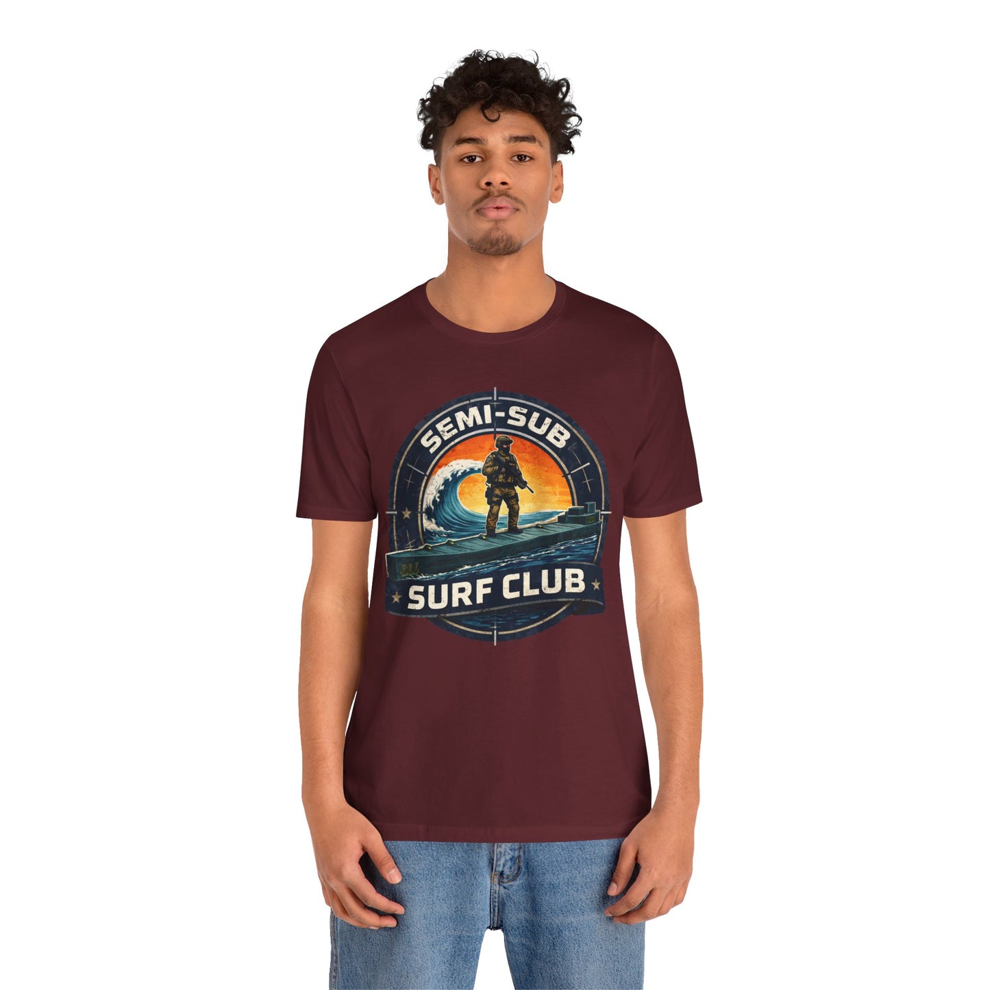 Semi-Sub Surf Club T-Shirt — Retro Tactical Operator Logo Surf Graphic Tee | Semi-Sub Surf Club Logo Back
