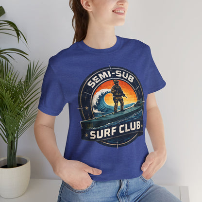 Semi-Sub Surf Club T-Shirt — Retro Tactical Operator Logo Surf Graphic Tee | Semi-Sub Surf Club Logo Back