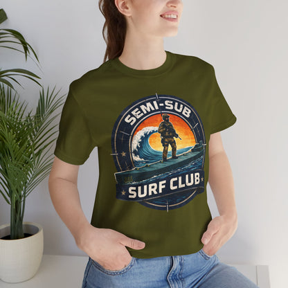 Semi-Sub Surf Club T-Shirt — Retro Tactical Operator Logo Surf Graphic Tee | Semi-Sub Surf Club Logo Back