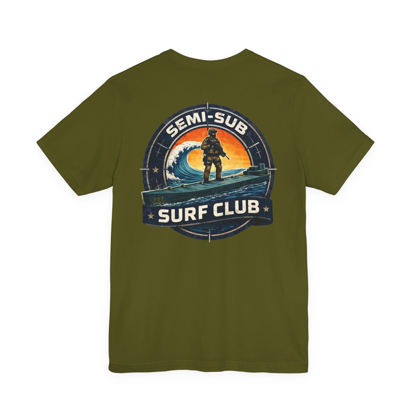 Semi-Sub Surf Club T-Shirt — Retro Tactical Operator Logo Surf Graphic Tee | TDG Solutions Log Front | Semi-Sub Surf Club Logo Back