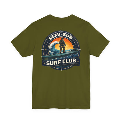 Semi-Sub Surf Club T-Shirt — Retro Tactical Operator Logo Surf Graphic Tee | TDG Solutions Log Front | Semi-Sub Surf Club Logo Back