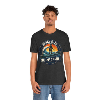 Semi-Sub Surf Club T-Shirt — Retro Tactical Operator Logo Surf Graphic Tee | Semi-Sub Surf Club Logo Back