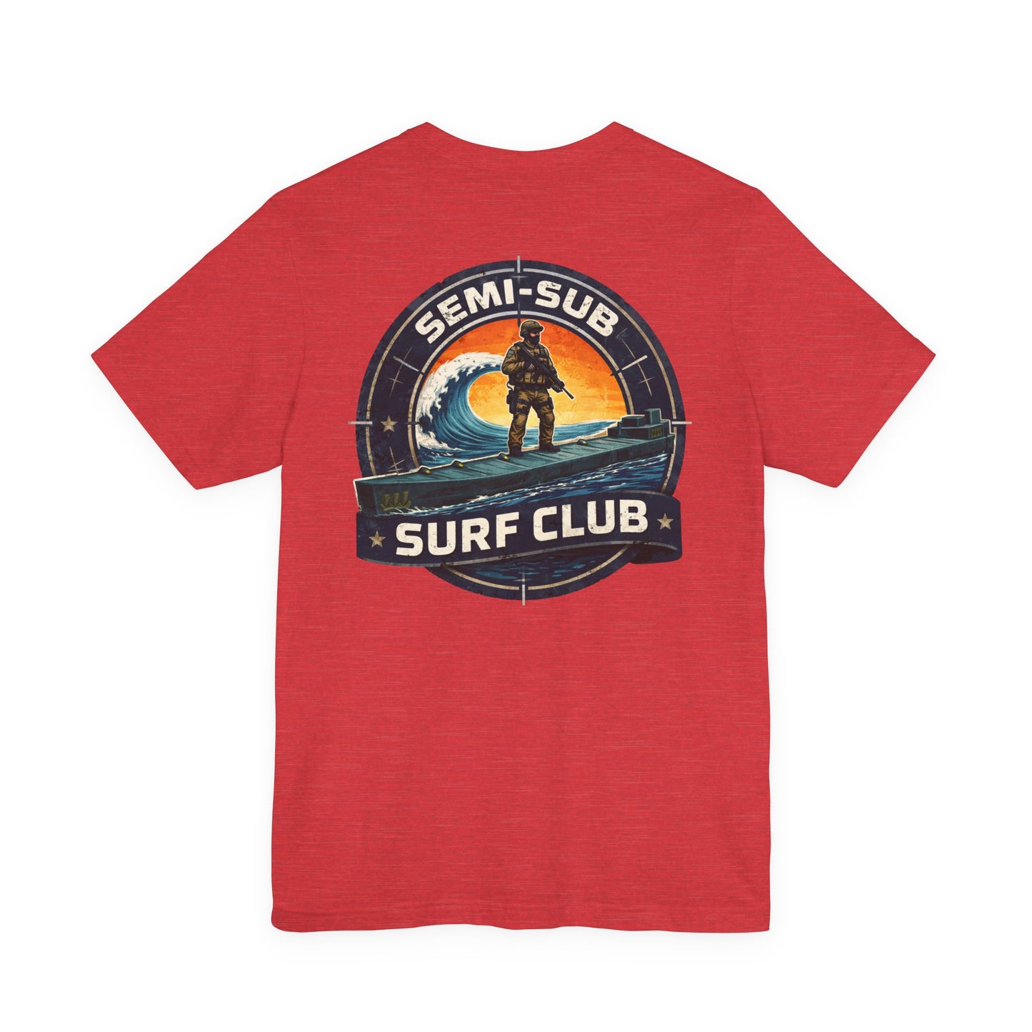 Semi-Sub Surf Club T-Shirt — Retro Tactical Operator Logo Surf Graphic Tee | TDG Solutions Log Front | Semi-Sub Surf Club Logo Back